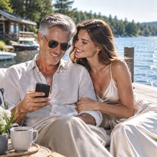 Illustrative photo of a woman with her phone at an outdoor cafe